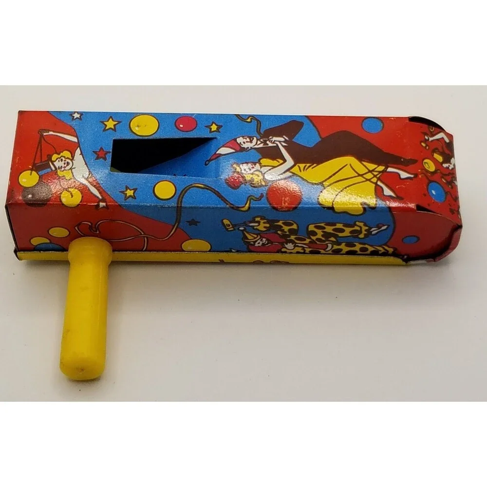 vintage tin lithograph ratchet style US Metal Toy Co noisemaker party theme